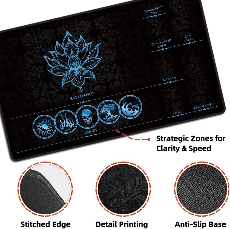 FROGIGO MTG Playmat with Play Zones – Magic Play mat Card Game Mat for Magic The Gathering, Lotus & Basic Lands Design, 24x14 inch, Stitched Edge, Non-Slip Base with Prismatic Playmat Tube-Blue Zone - Image 3